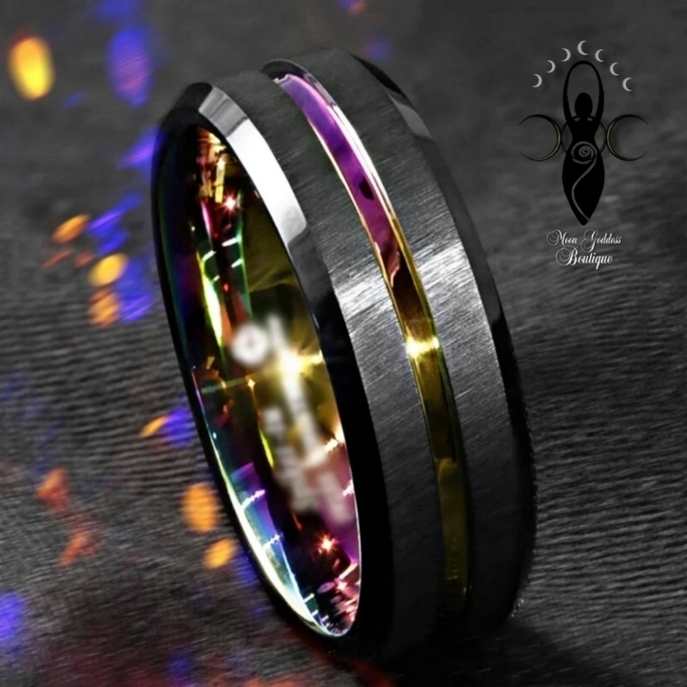 Unisex Ring ✦ Stainless Steel Rainbow Rhodium Channel ✦ Black Brushed 8mm NWT